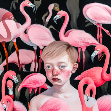Malarstwo zatytułowany „Flamingo Boy” autorstwa Holger Mühlbauer-Gardemin, Oryginalna praca, Akryl Zamontowany na Drewniana…