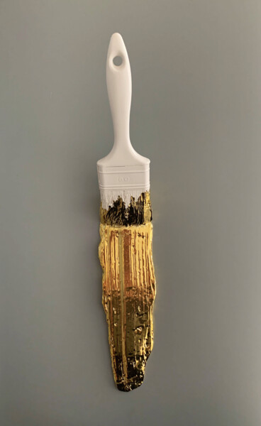 「Gold and white Brush」というタイトルの彫刻 Santicriによって, オリジナルのアートワーク, 樹脂 その他の剛性パネルにマウント
