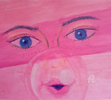Malerei mit dem Titel "Bubblegum girl" von Homely Art, Original-Kunstwerk, Gouache