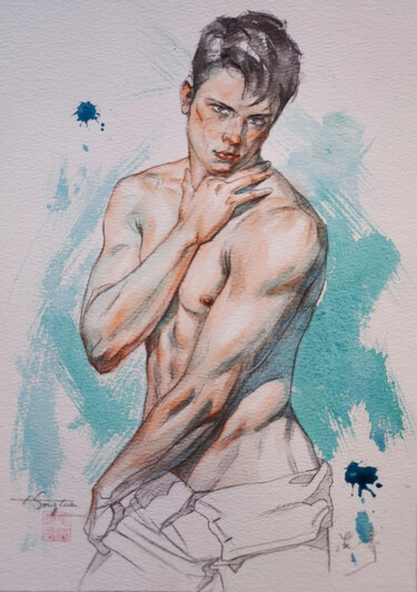 Malerei mit dem Titel "watercolour handsom…" von Hongtao Huang, Original-Kunstwerk, Aquarell