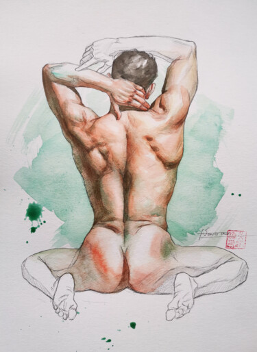 绘画 标题为“Male nude #20320” 由Hongtao Huang, 原创艺术品, 水彩