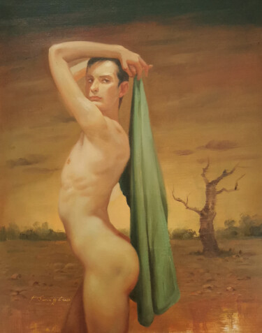 Painting titled "Green bath towel" by Hongtao Huang, Original Artwork, Oil
