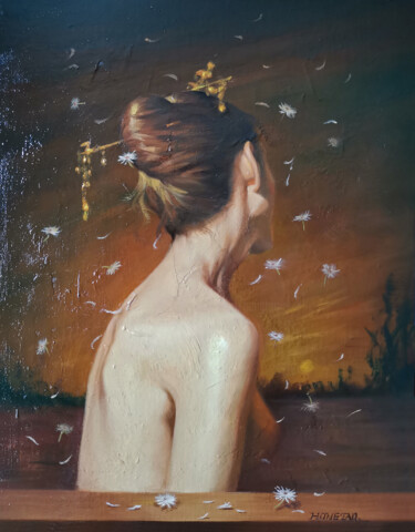 Painting titled "The  dandelion girl" by Hongtao Huang, Original Artwork, Oil