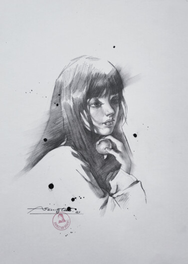 Рисунок под названием "Portrait of girl #2…" - Hongtao Huang, Подлинное произведение искусства, Карандаш