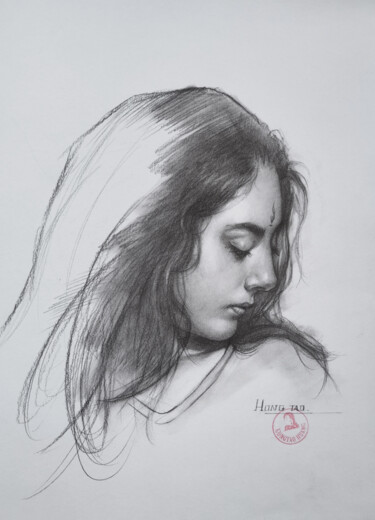 Drawing titled "Portrait of Lady#22…" by Hongtao Huang, Original Artwork, Pencil
