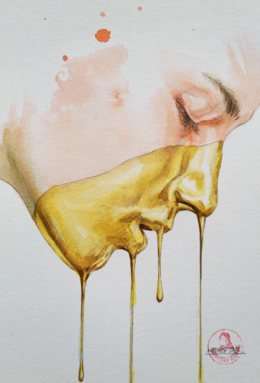 Painting titled "Golden Memory" by Hongtao Huang, Original Artwork, Watercolor