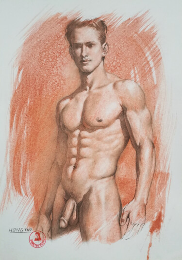 Dibujo titulada "Young man#24828" por Hongtao Huang, Obra de arte original, Carbón