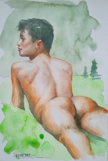 Schilderij getiteld "watercolor male nud…" door Hongtao Huang, Origineel Kunstwerk, Aquarel