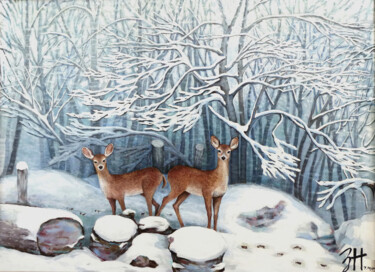 「Deer in Winter」というタイトルの絵画 Hongz Neherによって, オリジナルのアートワーク, アクリル ウッドストレッチャーフレームにマウント