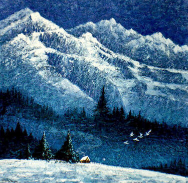 Malerei mit dem Titel "Mountain Moon Night" von Hongz Neher, Original-Kunstwerk, Acryl