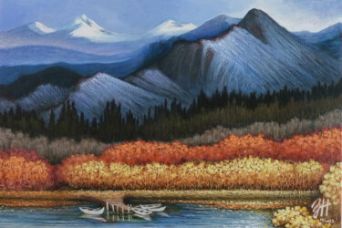 Painting titled "Autumn Lakeside" by Hongz Neher, Original Artwork, Acrylic Mounted on Wood Stretcher frame