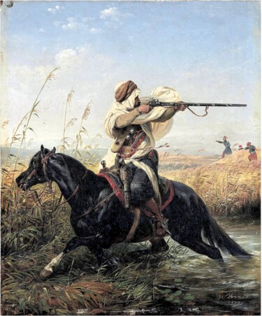 Painting titled "Cavalier arabe" by Horace Vernet, Original Artwork, Oil