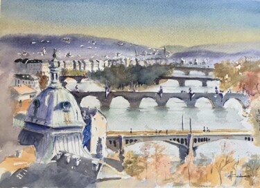 Peinture intitulée "Bridges Over River" par Horacio Cobas, Œuvre d'art originale, Aquarelle