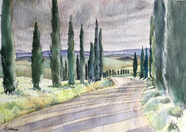 Painting titled "Cypress Road" by Horacio Cobas, Original Artwork, Watercolor