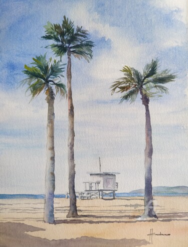 Painting titled "Lifeguard Tower" by Horacio Cobas, Original Artwork, Watercolor