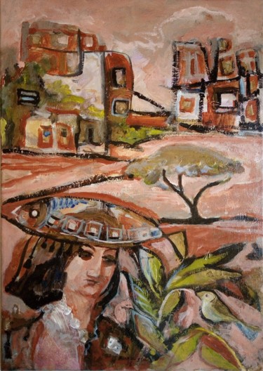 Malerei mit dem Titel "Femme au poisson" von Houda Moussa, Original-Kunstwerk, Acryl
