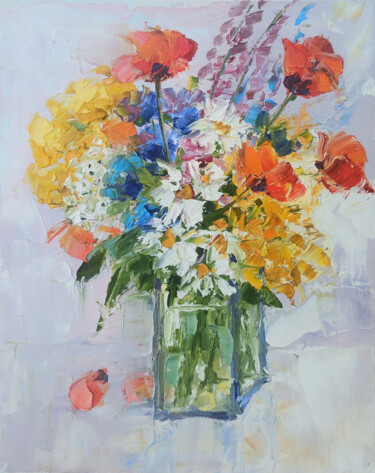 Painting titled "Wildflower Bouquet" by Hrach Baghdasaryan, Original Artwork, Oil Mounted on Wood Stretcher frame