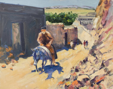 Painting titled "Village Journey" by Hrach Baghdasaryan, Original Artwork, Oil Mounted on Wood Stretcher frame