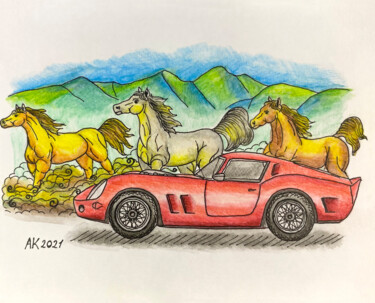 「Car & Horses」というタイトルの描画 Anastasia Kurganovaによって, オリジナルのアートワーク, 水彩画