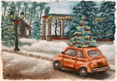 Painting titled "Xmas Tree Delivery" by Anastasia Kurganova, Original Artwork, Oil