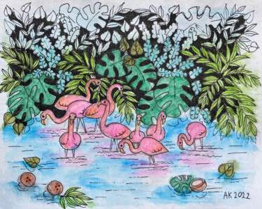 Картина под названием "Flamingos Tropics" - Anastasia Kurganova, Подлинное произведение искусства, Акварель