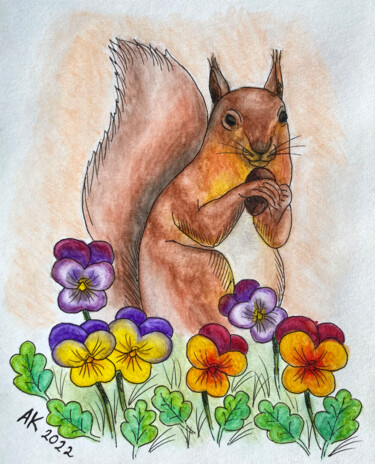 Malerei mit dem Titel "Squirrel & Violets" von Anastasia Kurganova, Original-Kunstwerk, Aquarell