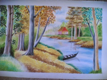 Painting titled "house in forest" by Gunaroopam Raja, Original Artwork