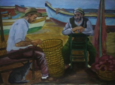 Ζωγραφική με τίτλο "Fishermans" από Hülya Taşcı Beşevli, Αυθεντικά έργα τέχνης, Γκουάς