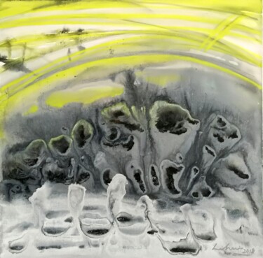 Schilderij getiteld "Grayscale- yellow 3" door Hui Li, Origineel Kunstwerk, Acryl Gemonteerd op Frame voor houten brancard