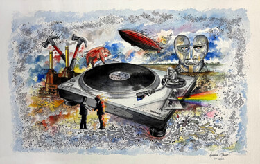 Malerei mit dem Titel "Love turntable&Floyd" von Humberto Cesar Pornaro, Original-Kunstwerk, Aquarell