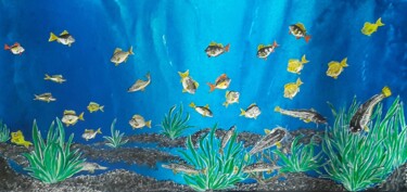 Drawing titled "les poissons de riv…" by Iakim, Original Artwork, Acrylic Mounted on Wood Stretcher frame