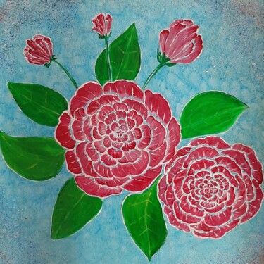Disegno intitolato "Roses rouges sur fo…" da Iakim, Opera d'arte originale, Acrilico Montato su Telaio per barella in legno