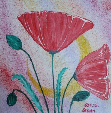 Drawing titled "coquelicots rouges" by Iakim, Original Artwork, Acrylic Mounted on Wood Stretcher frame