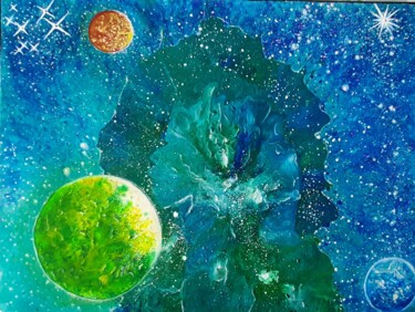 Rysunek zatytułowany „Nébuleuse turquoise…” autorstwa Iakim, Oryginalna praca, Akryl Zamontowany na Drewniana rama noszy