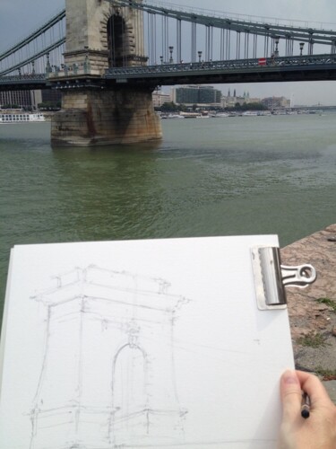 「Chain Bridge, Budap…」というタイトルの絵画 Ibolya Taligasによって, オリジナルのアートワーク, 鉛筆