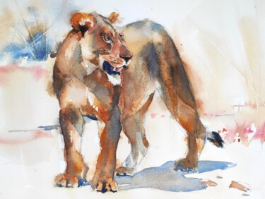 Painting titled "Lioness" by Ibolya Taligas, Original Artwork, Watercolor