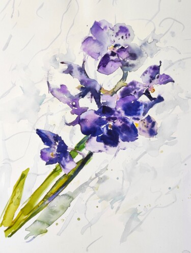 Painting titled "Deep Purple Orchids…" by Ibolya Taligas, Original Artwork, Watercolor