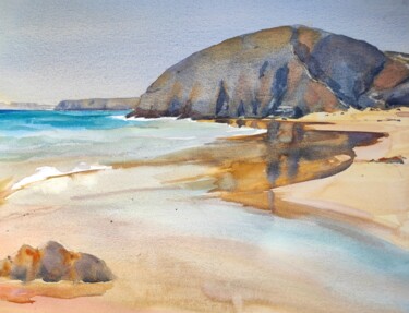 Painting titled "Lanzarote Beach" by Ibolya Taligas, Original Artwork, Watercolor