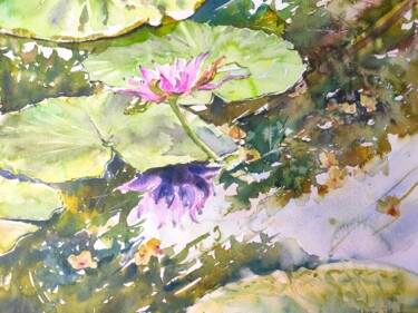Painting titled "Pink Lotus in a Pond" by Ibolya Taligas, Original Artwork, Watercolor