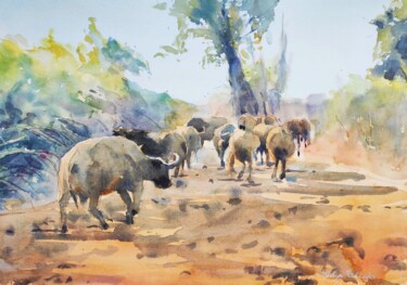 Pittura intitolato "Buffalos in the Sou…" da Ibolya Taligas, Opera d'arte originale, Acquarello