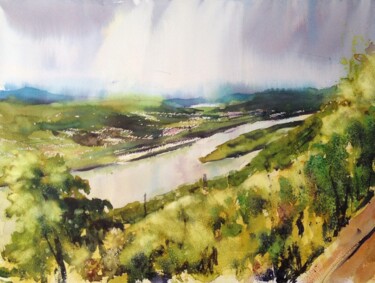 Pintura intitulada "A view of the river…" por Ibolya Taligas, Obras de arte originais, Aquarela