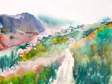 Schilderij getiteld "Hillside Village" door Ibolya Taligas, Origineel Kunstwerk, Aquarel