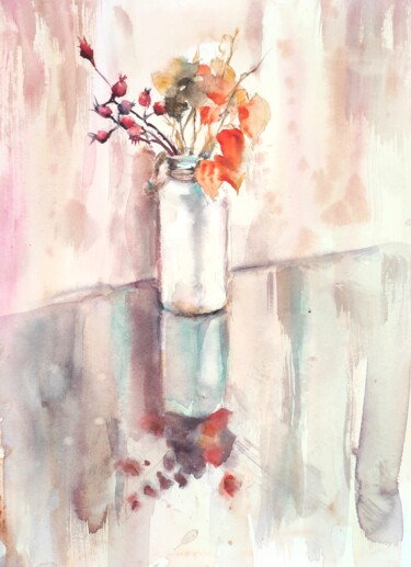 Painting titled "Dried flowers in a…" by Ibolya Taligas, Original Artwork, Watercolor