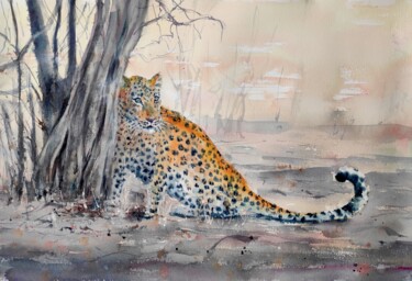 Painting titled "SHY LEOPARD" by Ibolya Taligas, Original Artwork, Watercolor