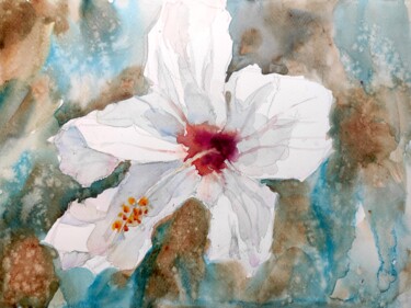 Painting titled "WHITE HIBISCUS" by Ibolya Taligas, Original Artwork, Watercolor