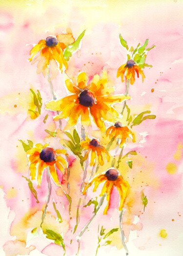 Картина под названием "HAPPY FLOWERS" - Ibolya Taligas, Подлинное произведение искусства, Акварель