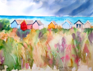 Peinture intitulée "Southwold Beach hut…" par Ibolya Taligas, Œuvre d'art originale, Aquarelle