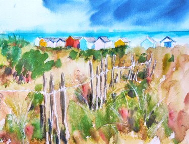 Schilderij getiteld "Southwold beach huts" door Ibolya Taligas, Origineel Kunstwerk, Aquarel