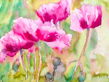 Pintura intitulada "Pink poppies in a g…" por Ibolya Taligas, Obras de arte originais, Aquarela