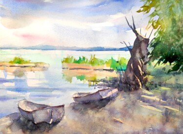 Pittura intitolato "Peaceful lakeside" da Ibolya Taligas, Opera d'arte originale, Acquarello